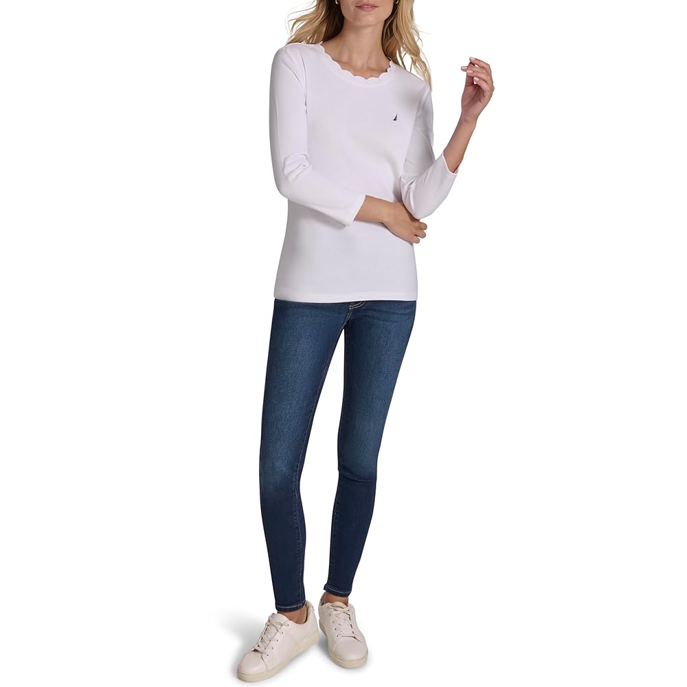 トップス eLLa scallop canon loop pullover(navy) Nautica Women's 3/4 Sleeve Length Cotton Solid Scalloped
